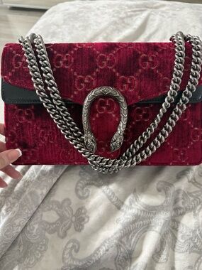Gucci Red Velvet Dionysus Shoulder Bag with Silver Hardware